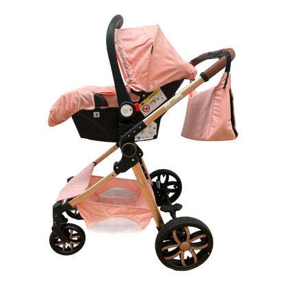 Carucior model 3 in 1 , cu inchidere super compacta si accesorii, culoare ROZ