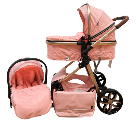 Carucior model 3 in 1 , cu inchidere super compacta si accesorii, culoare ROZ