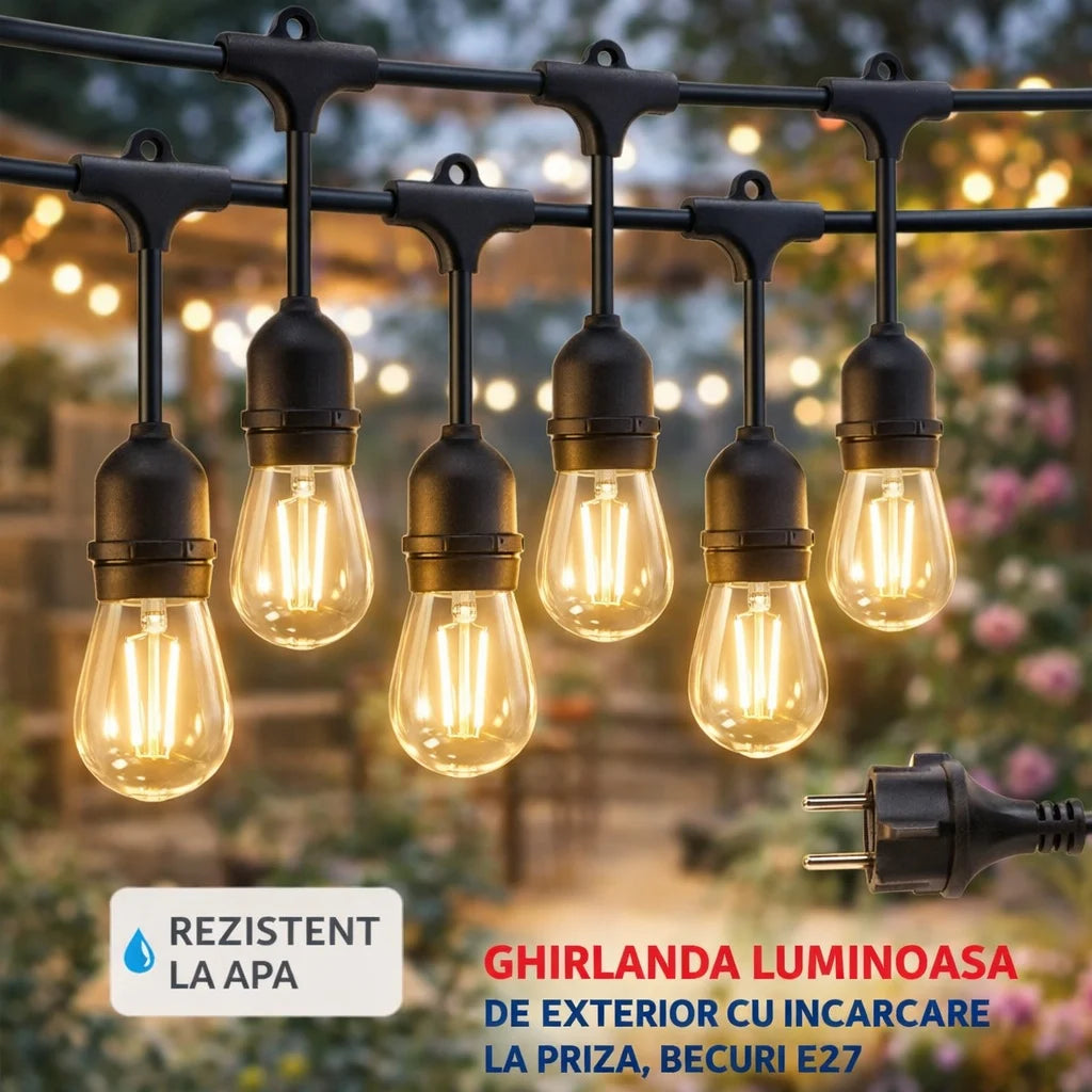 Ghirlandă Luminoasă Exterior 15 Metri – 30 Becuri LED Filament 1W, E27, IP65