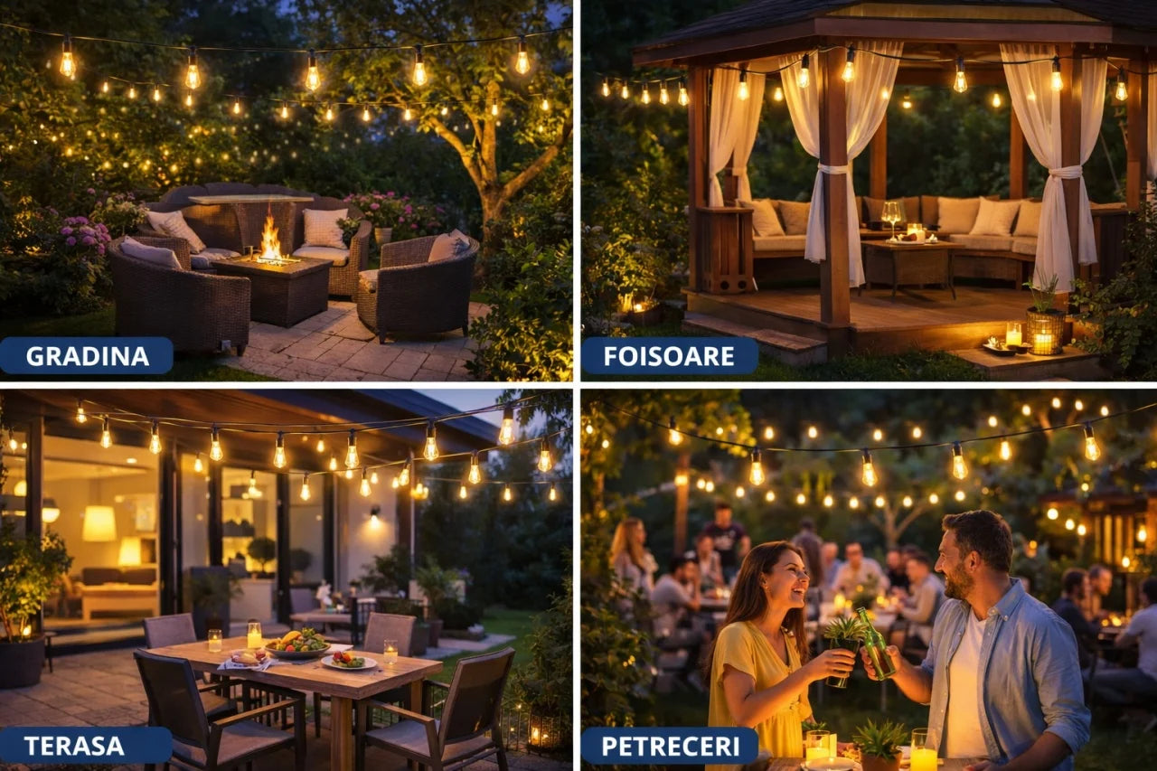 Ghirlandă Luminoasă Exterior 15 Metri – 30 Becuri LED Filament 1W, E27, IP65