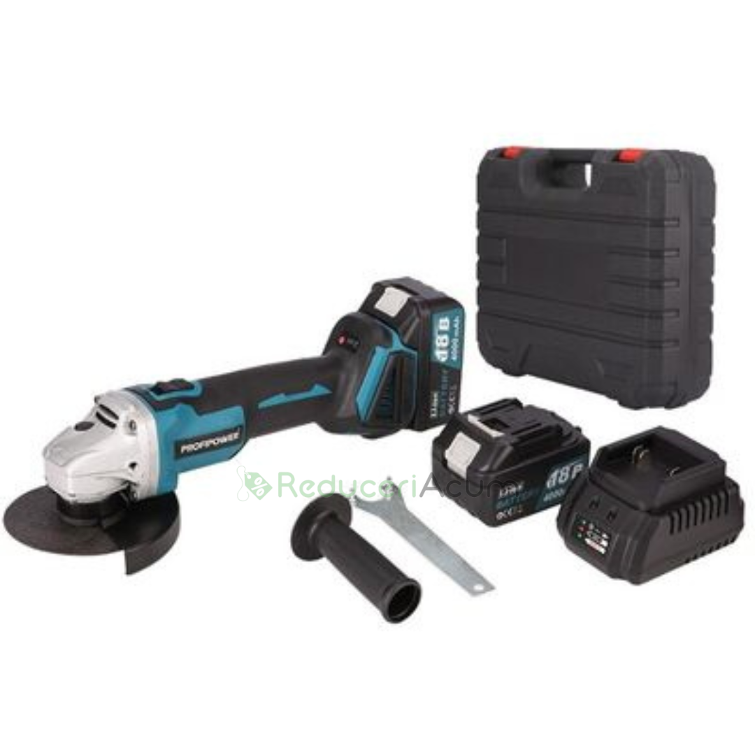 POLIZOR UNGHIULAR , FLEX CU ACUMULATOR , LEICH MANN , 2 ACUMULATORI 128 V 6 AH , 12.000 RPM , XGT, GALBEN